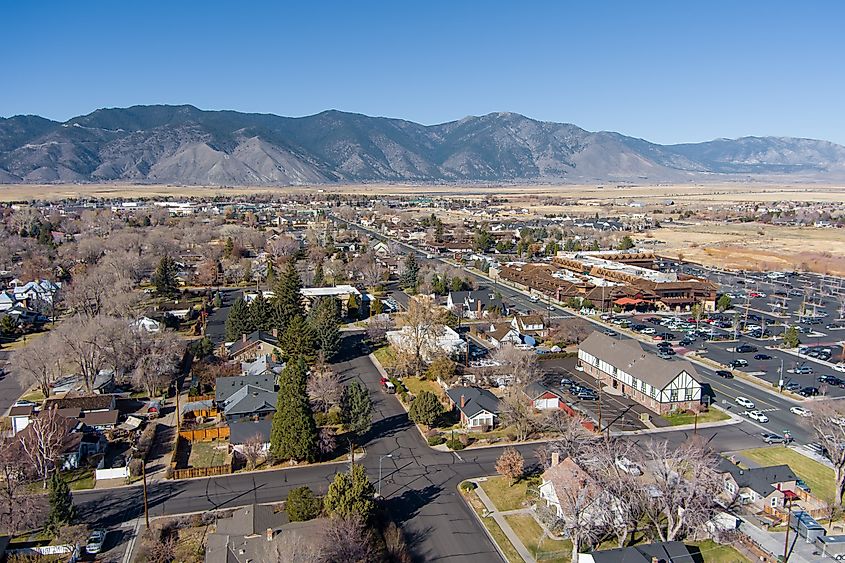 Minden, Nevada - USA - November 29, 2021- Aerial view of Minden and Gardnerville Nevada along Highway 395 in the Carson Valley showing business, industry, residential and agricultural areas. 