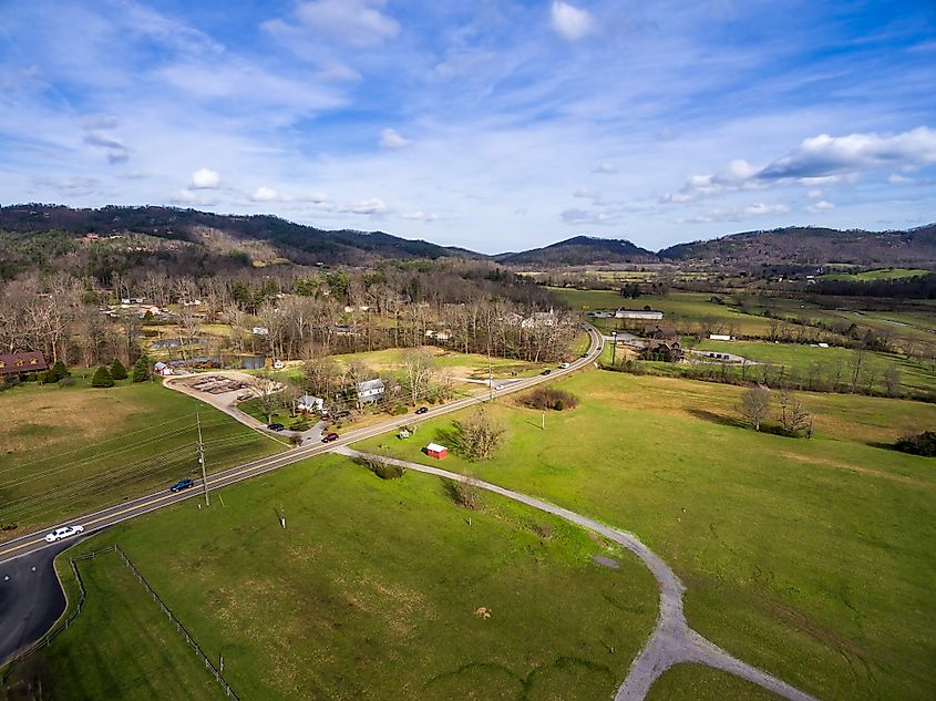 Aerial view city of Townsend in Tennessee next to the Smoky Mountains.