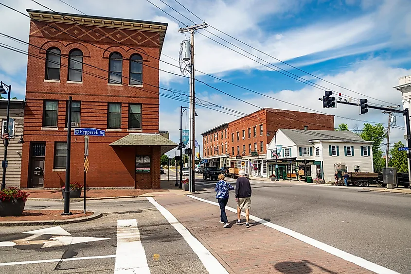 The historic brick buildings downtown Saco, Maine