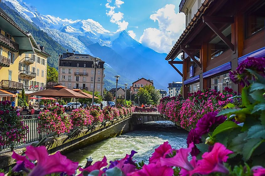 View of the Arve River in Chamonix, France with Mont Blanc in the bakground.