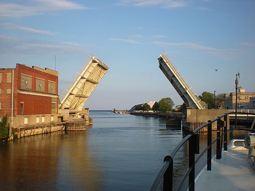 Drawbridge in Alpena, Michigan, with Lake Huron in the near distance.