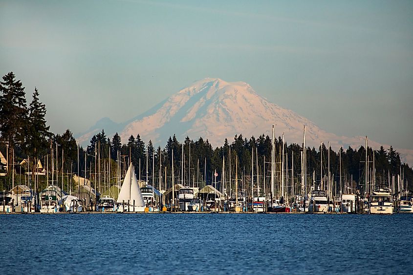 Mount Rainier overlooking the marina in Poulsbo, Washington.