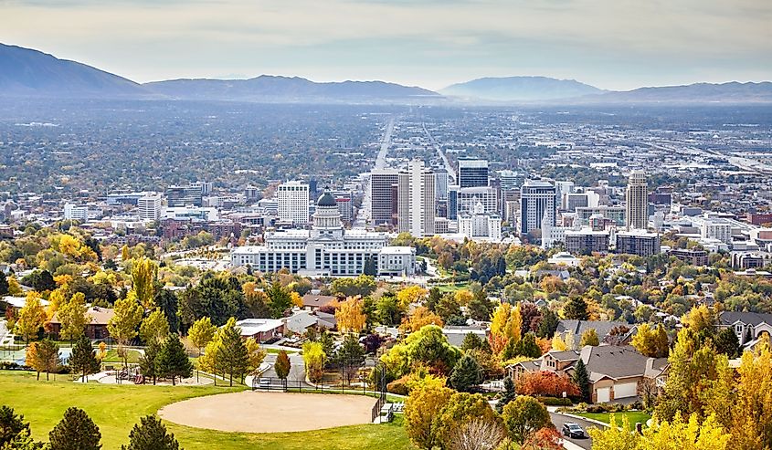 Aerial view of the Salt Lake City downtown in autumn, Utah