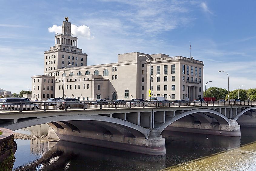 Old Cedar Rapids (Iowa) City Hall sits on an island on the Cedar River