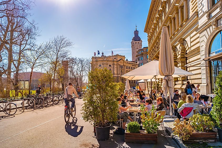 Cityscape of historic downtown in Leipzig in spring, Germany. Via Shutterstock / neurobit.