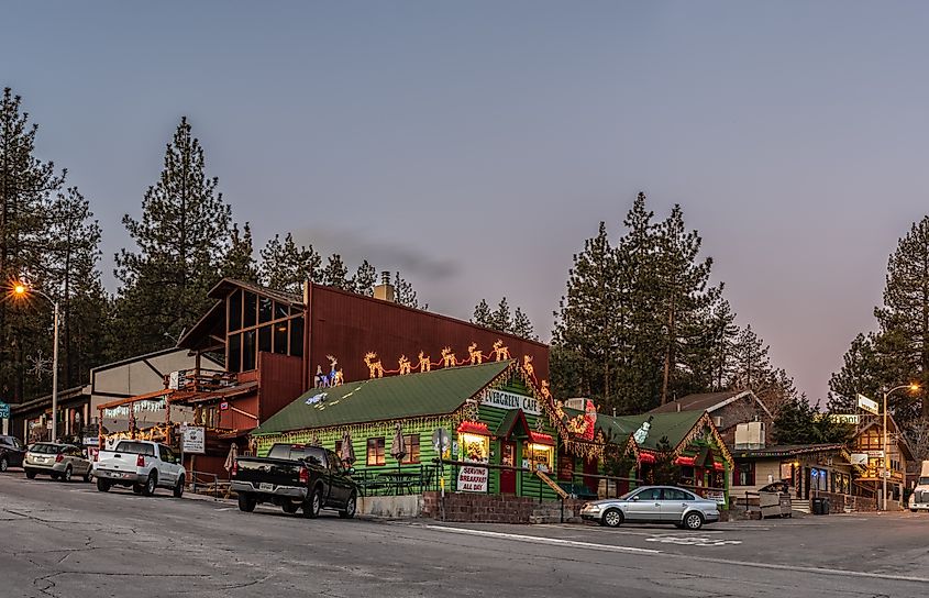 Evergreen Cafe with Santa and Reindeer on roof decorated in Christmas holiday lights on Evergreen Rd in Wrightwood, California