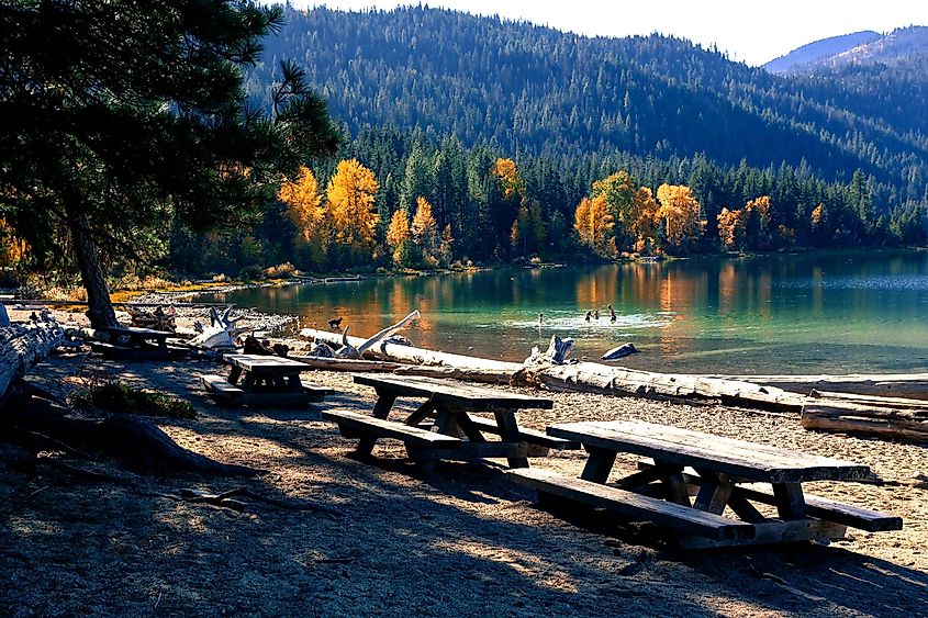 Beautiful autumn day in lake recreational area. Location place Wenatchee lake State park in Washington
