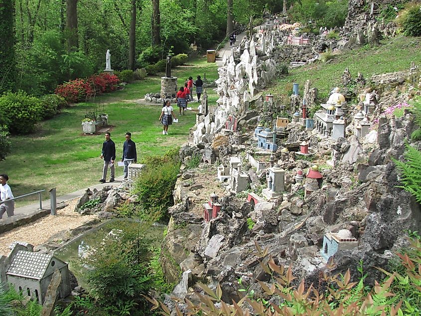 Miniature reproductions of religious structures worldwide, created by a local monk, adorn Ave Maria Grotto in Cullman, Alabama. Editorial credit: Larry Porges / Shutterstock.com