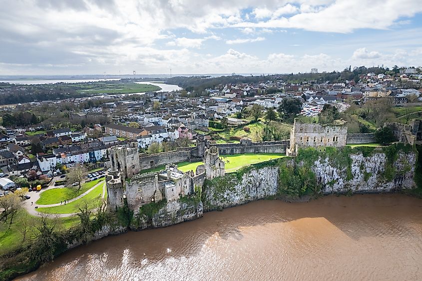 Chepstow downtown and Chepstow Castle, Wales, United Kingdom.