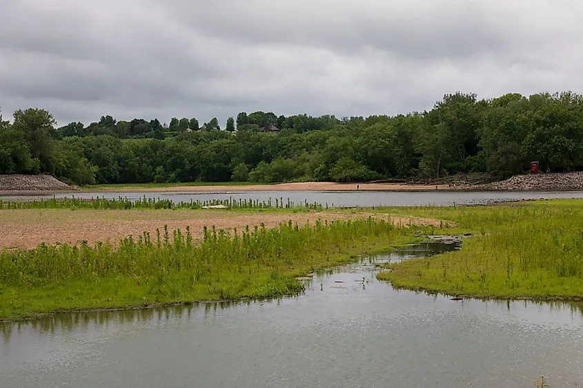 Grassy shoreline along Lake Red Rock on the Des Moines River in Iowa.