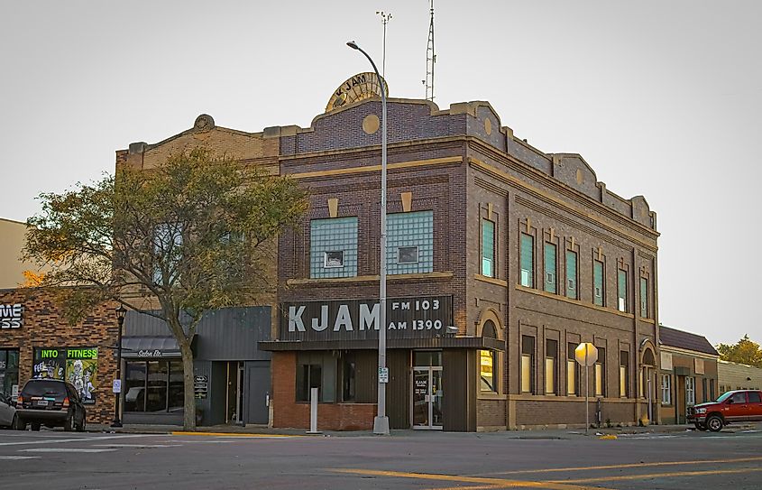 Madison, South Dakota: An old radio station building on the downtown strip.
