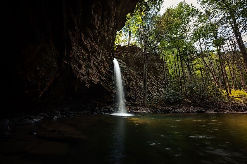 A view of the beautiful Little Stony Falls, Virginia, around rock formations and forest.