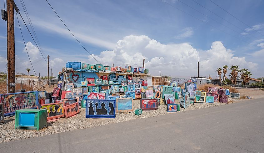 Bombay Beach, California, an abandoned Salton Sea town where the people have turned the area into an outdoor Art Museum. Editorial credit: WildSnap / Shutterstock.com