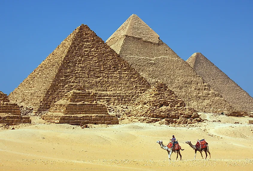 The Great Pyramid of Giza rising above the desert plateau outside Cairo, Egypt.