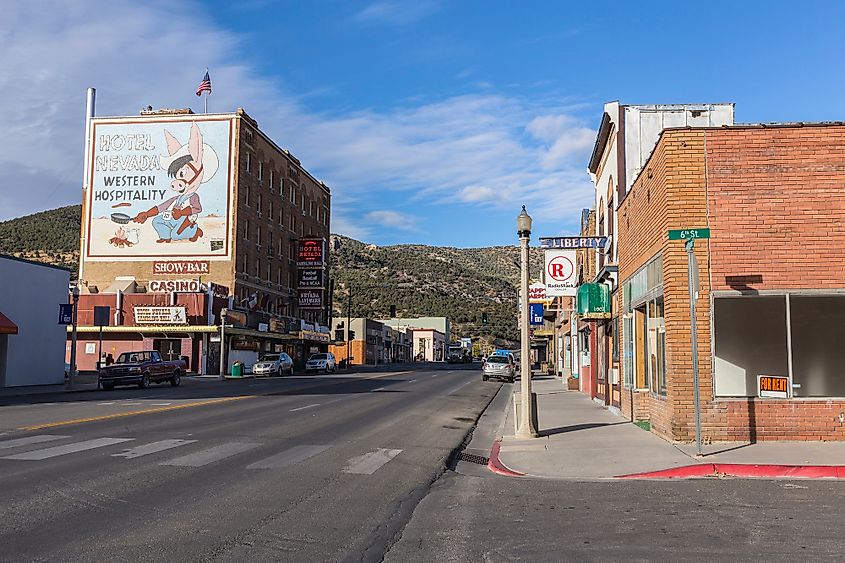 Hotel Nevada and small town storefronts along historic Lincoln Highway in Ely, Nevada.