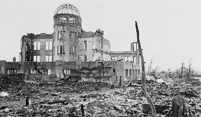 Wrecked framework of the Museum of Science and Industry in Hiroshima, Japan.