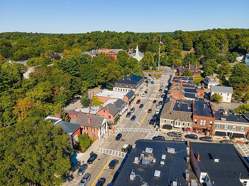 Concord historic town center aerial view in summer on Main Street in town of Concord, Massachusetts