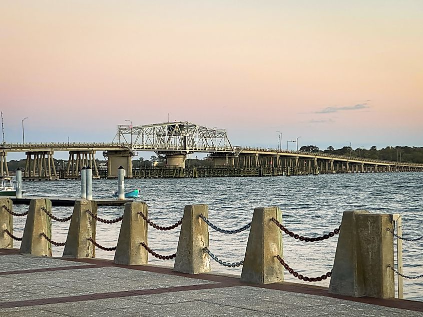Sunset over the Beaufort River and the Woods Memorial Bridge in South Carolina, USA.