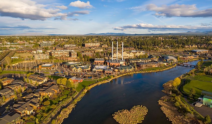 Aerial view of the Old Mill District in Bend, Oregon.