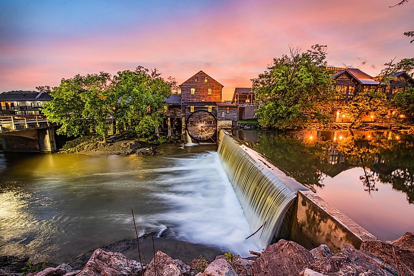 Sunrise view of the Old Mill in Pigeon Forge, Tennessee.
