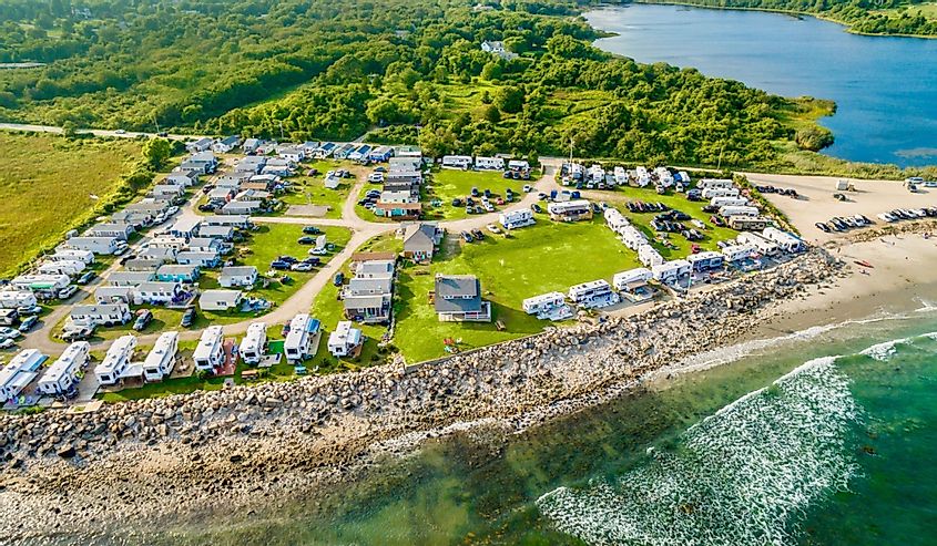 An aerial view of the beachfront campground in Little Compton, Rhode Island