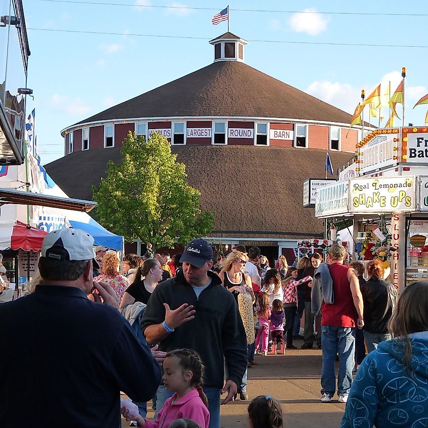 Central Wisconsin State Fair, with world's largest round barn in background.