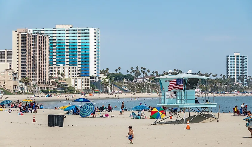 People enjoy the day at Los Alamitos Beach, Long Beach, California