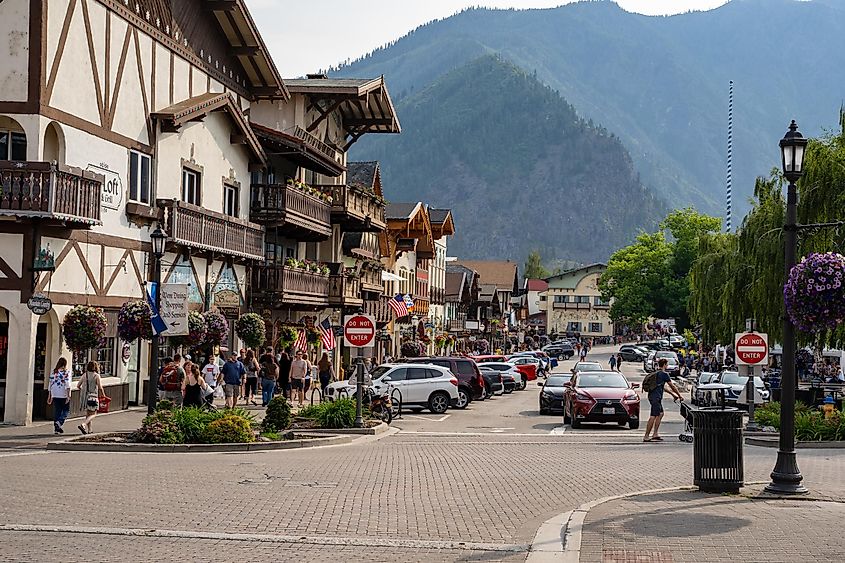 Downtown Leavenworth, Washington, featuring Bavarian-style architecture, shops, and restaurants.