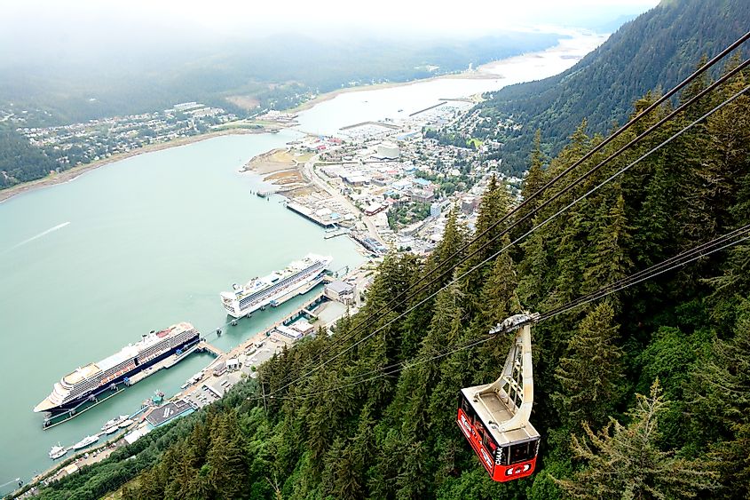View of Juneau, cruise ships and Mount Roberts Tramway.