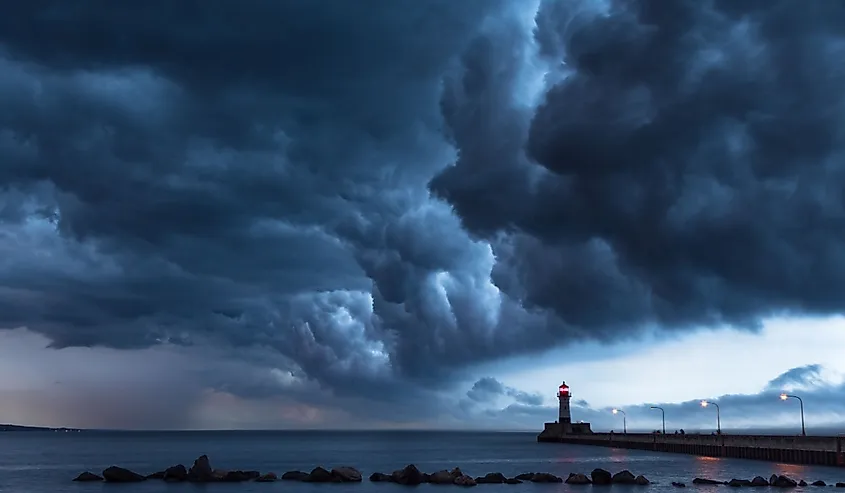 Dramatic stormy clouds over the Duluth lighthouse on Lake Superior