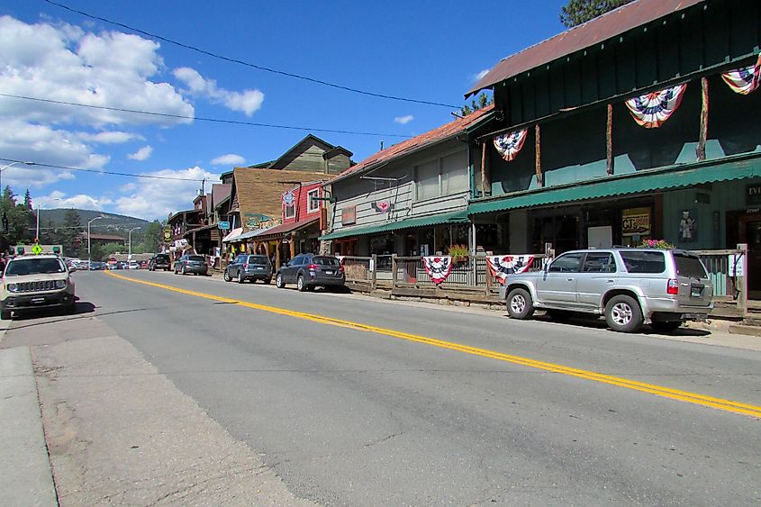 Bear Creek Road, the Main Street in Evergreen, Colorado.