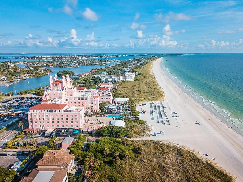 Summer vacations. St. Pete Beach Florida. Ocean beach, Hotels and Resorts in US. Blue-turquoise color of salt water. American Coast or shore line in Gulf of Mexico. St Petersburg Clearwater Florida.