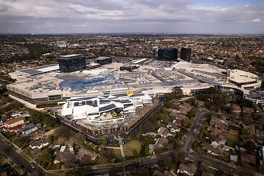 MELBOURNE, AU - Aug 08, 2025: Aerial view of Chadstone Shopping complex on an overcast day
