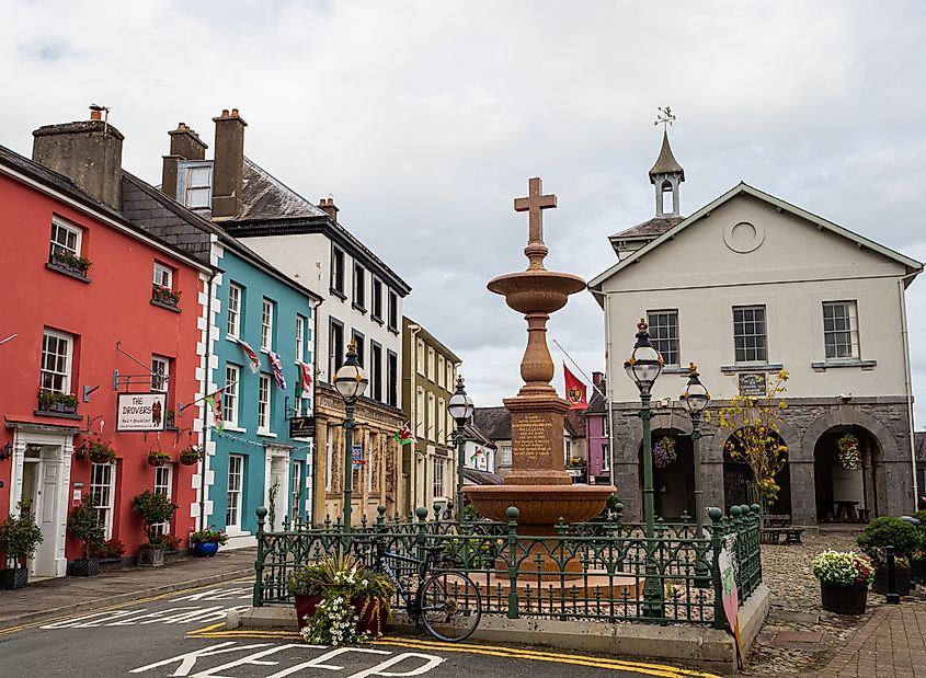 The cobbled market square in Llandovery, an historic market town in Carmarthenshire, Wales.