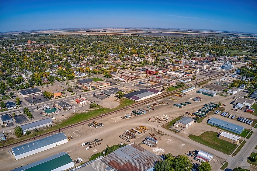 Aerial View of Downtown Wahpeton, North Dakota in Summer.