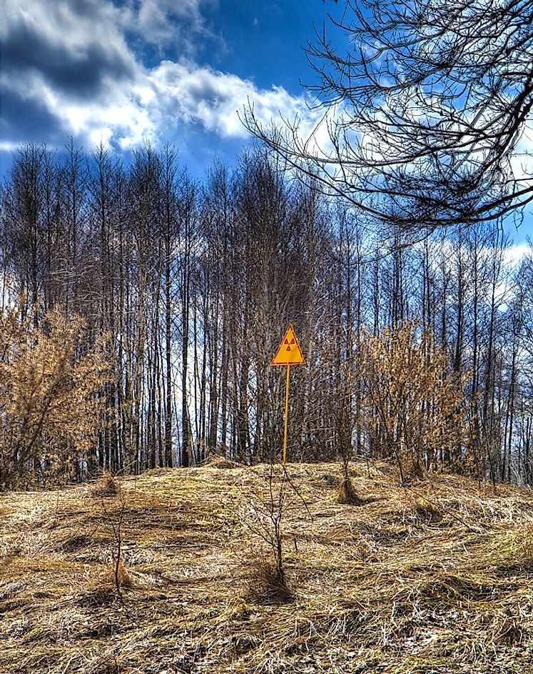 Radioactivity warning sign on a hill at the east end of Red Forest
