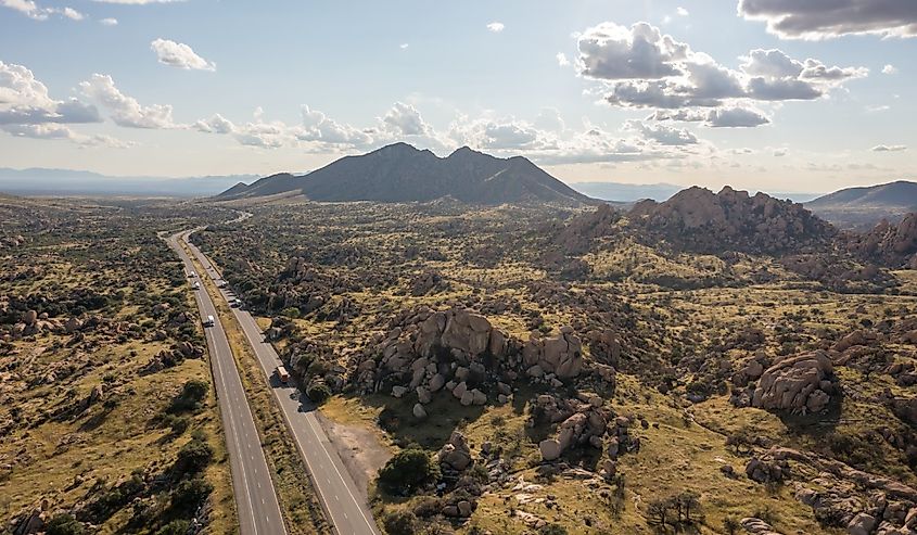 Aerial view of Interstate 10 in Arizona going through Texas Canyon, Cochise County.