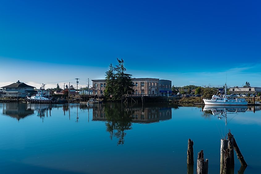 Scenic view looking across Hoquiam river from near Bridge on Riverside Ave. in Hoquiam, Washington