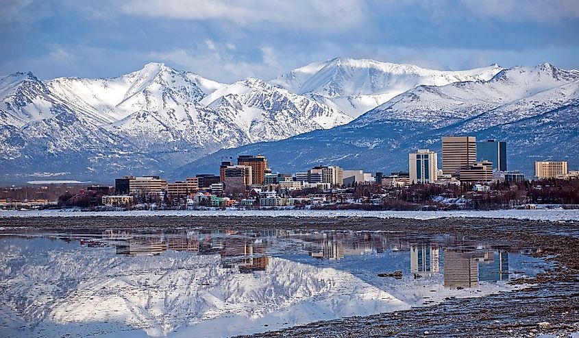 Anchorage Skyline with snow-capped mountains in the background