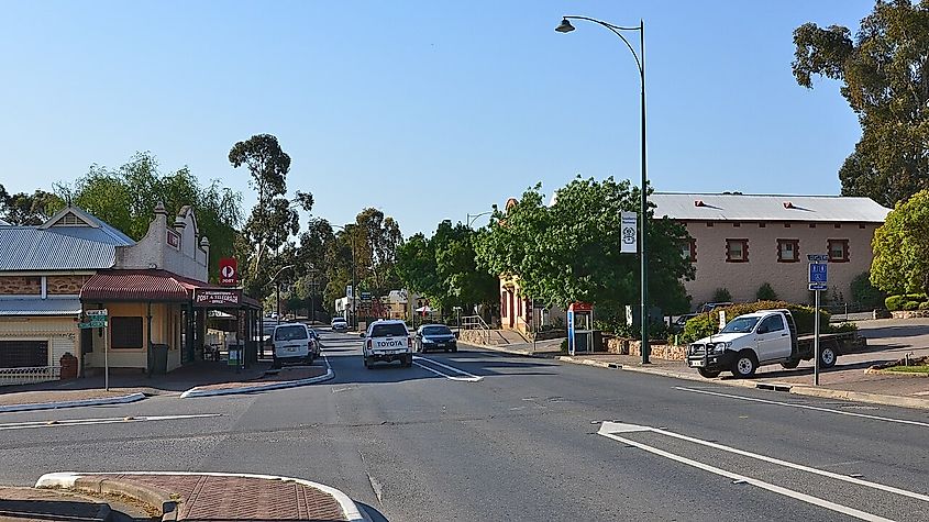 Looking north along Queen Street, the main street of Williamstown, South Australia.