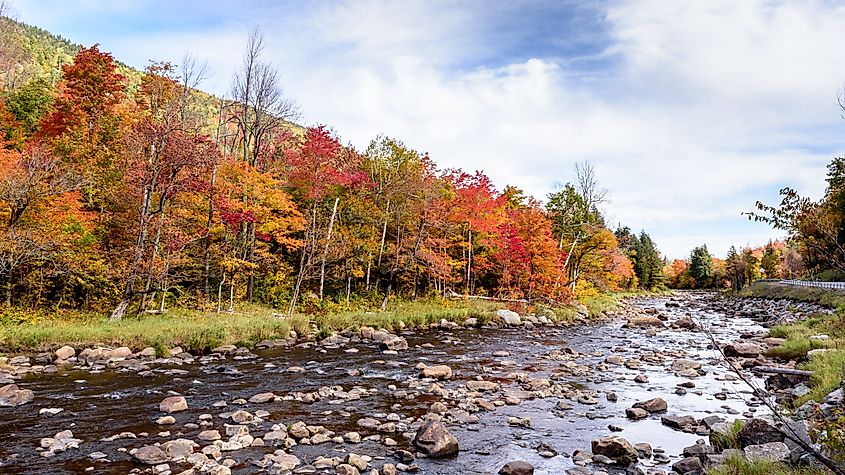 Colorful autumn foliage along the Ausable River in the Adirondacks, Wilmington, New York