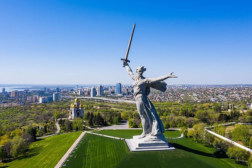 Aerial view of the "Motherland Calls" statue in Volgograd, Russia