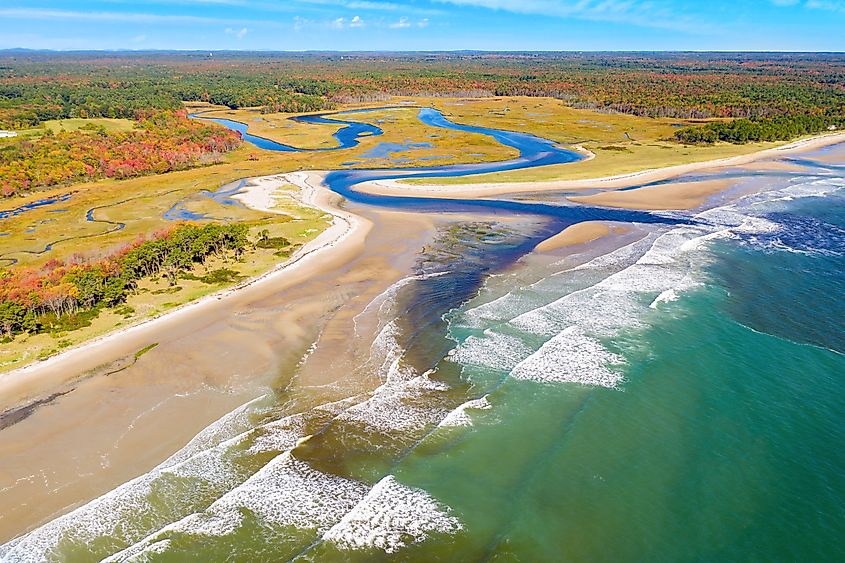 Aerial view of Little River estuary in Wells Estuarine Reserve, Maine.