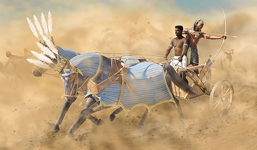 Ancient Egyptian war chariot in battle with archer and driver