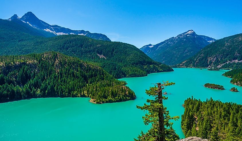 Turquoise Diablo Lake, surrounded by mountains and evergreens