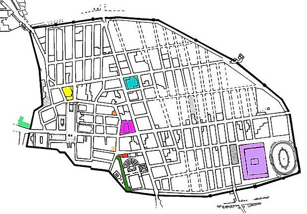 Layout of Pompeii, indicating public baths and stadiums.