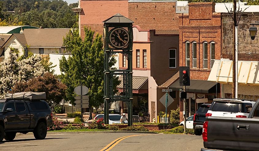 Morning light shines on historic downtown Auburn, California.