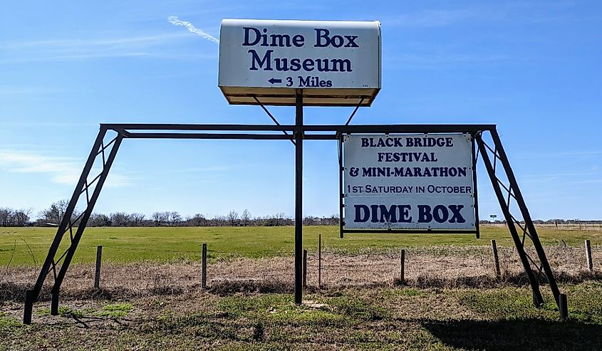 n oversized mailbox and sign serves as directions to the nearby Dime Box Museum in rural Texas