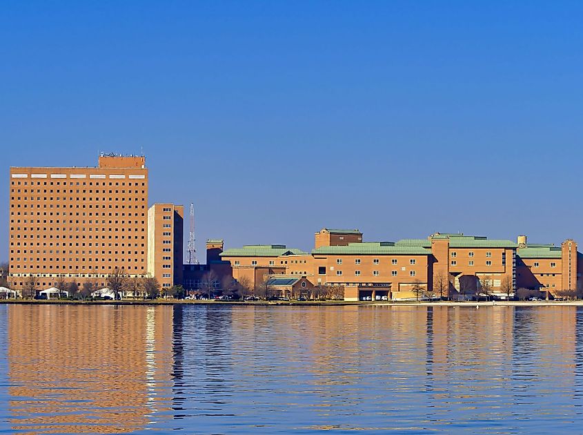 Beautiful view of the Naval Medical Center reflected in the waters in Portsmouth, Virginia