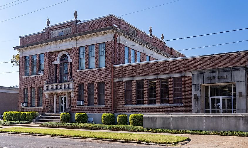 Side view and entrance to Greenville City Hall in Mississippi.